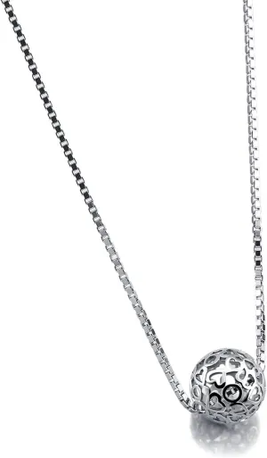 Women 925 Sterling Silver Necklace - Pattern Hollow Ball Pendant Choker- Charm Box Chain 17" - Italian Silver Fine Jewelry Gift