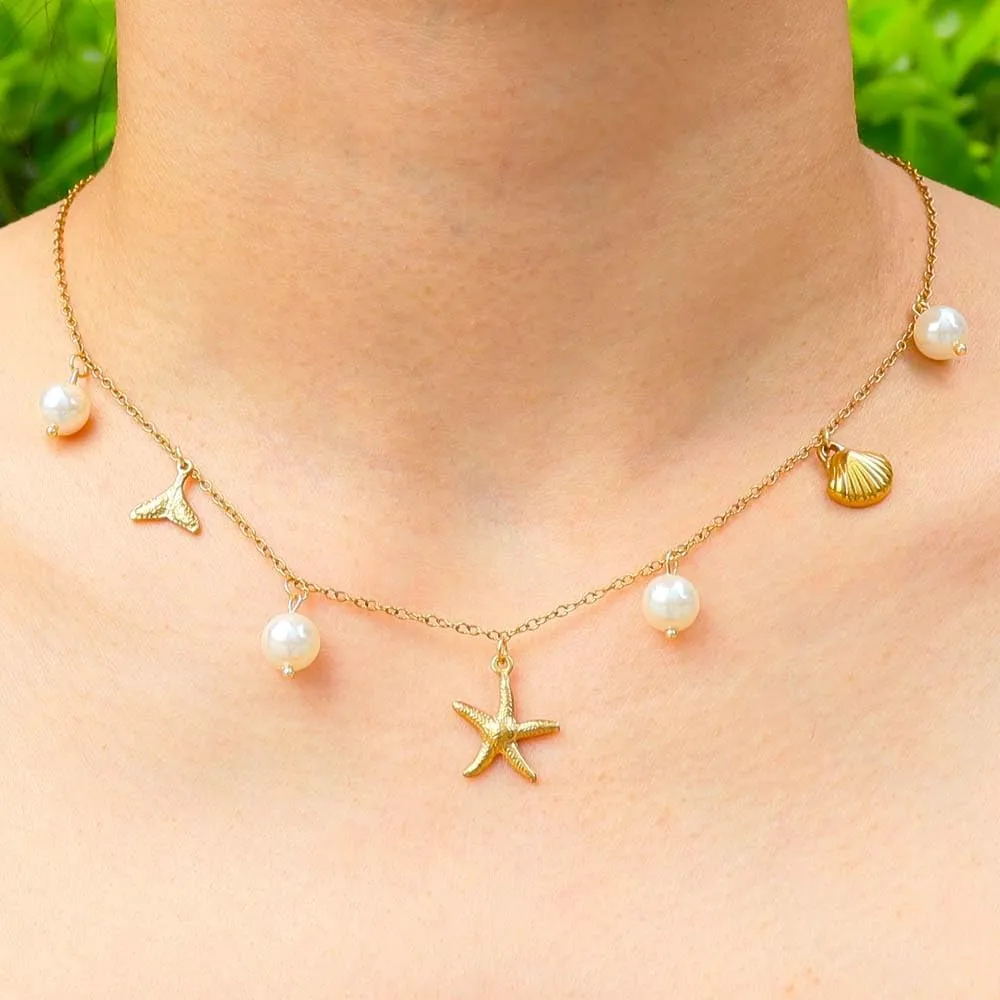 Women Dainty Layered Choker Necklace Pearl Starfish Tortoise Shell Dolphin Heart Cz Fish Tail Charm Pendant Necklace Trendy Boho Stainless Steel Silver 18k Gold Plated Summer Beach Jewelry Gift