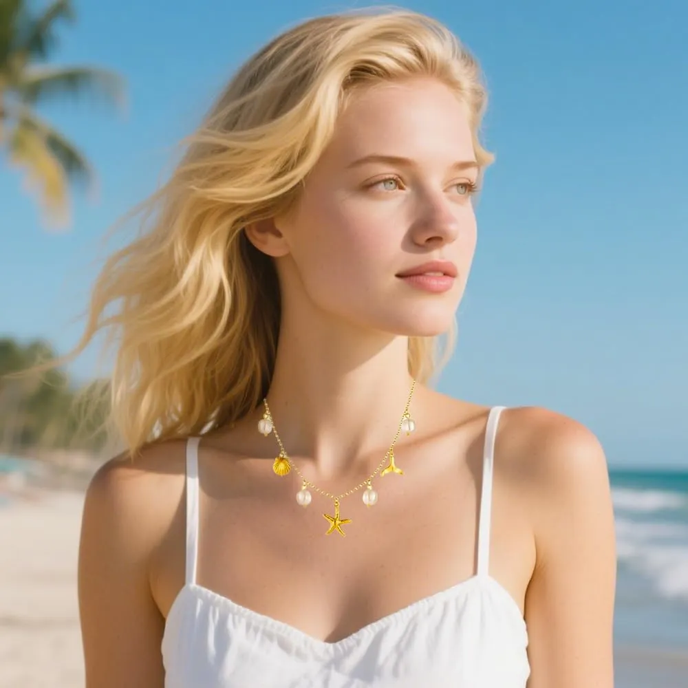 Women Dainty Layered Choker Necklace Pearl Starfish Tortoise Shell Dolphin Heart Cz Fish Tail Charm Pendant Necklace Trendy Boho Stainless Steel Silver 18k Gold Plated Summer Beach Jewelry Gift