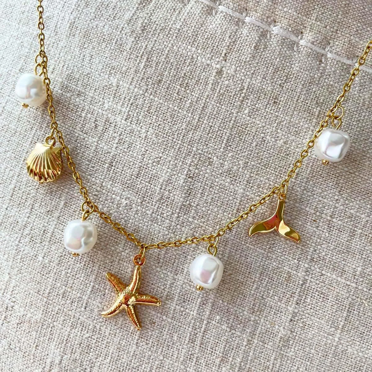 Women Dainty Layered Choker Necklace Pearl Starfish Tortoise Shell Dolphin Heart Cz Fish Tail Charm Pendant Necklace Trendy Boho Stainless Steel Silver 18k Gold Plated Summer Beach Jewelry Gift