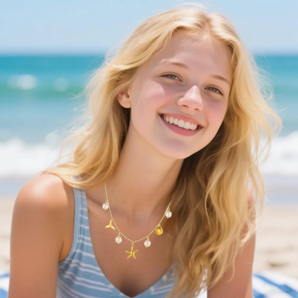 Women Dainty Layered Choker Necklace Pearl Starfish Tortoise Shell Dolphin Heart Cz Fish Tail Charm Pendant Necklace Trendy Boho Stainless Steel Silver 18k Gold Plated Summer Beach Jewelry Gift