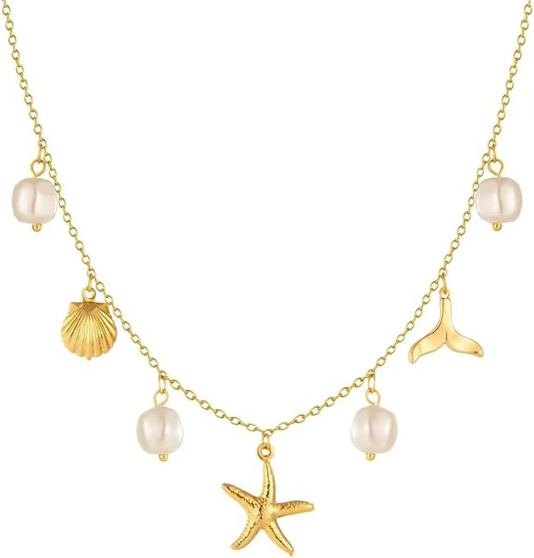 Women Dainty Layered Choker Necklace Pearl Starfish Tortoise Shell Dolphin Heart Cz Fish Tail Charm Pendant Necklace Trendy Boho Stainless Steel Silver 18k Gold Plated Summer Beach Jewelry Gift