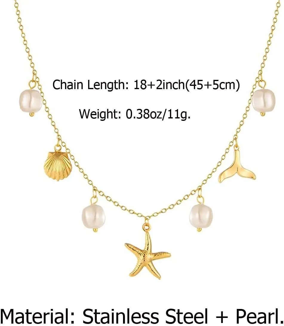 Women Dainty Layered Choker Necklace Pearl Starfish Tortoise Shell Dolphin Heart Cz Fish Tail Charm Pendant Necklace Trendy Boho Stainless Steel Silver 18k Gold Plated Summer Beach Jewelry Gift