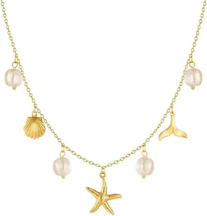 Women Dainty Layered Choker Necklace Pearl Starfish Tortoise Shell Dolphin Heart Cz Fish Tail Charm Pendant Necklace Trendy Boho Stainless Steel Silver 18k Gold Plated Summer Beach Jewelry Gift