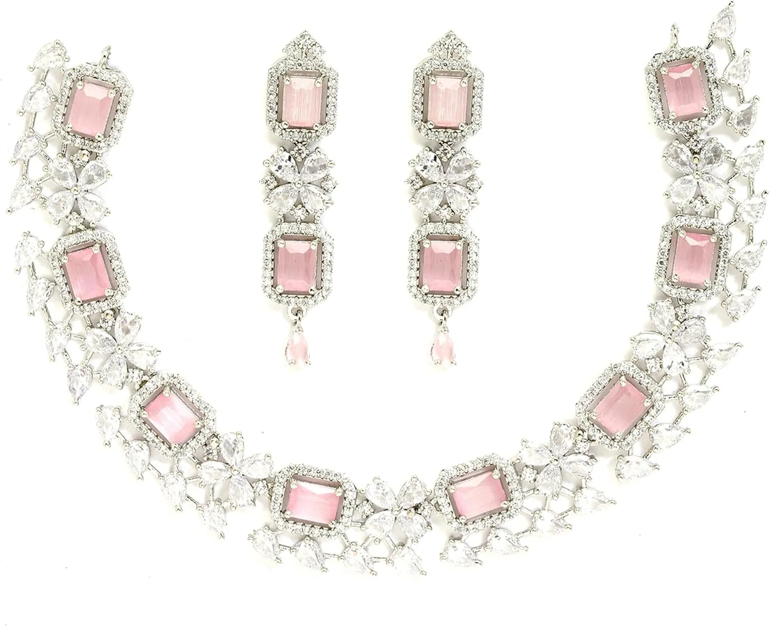 Women Rhodium-Plated with Silver-Toned Green and American Diamond Studded Necklace and Earrings Jewellery Set