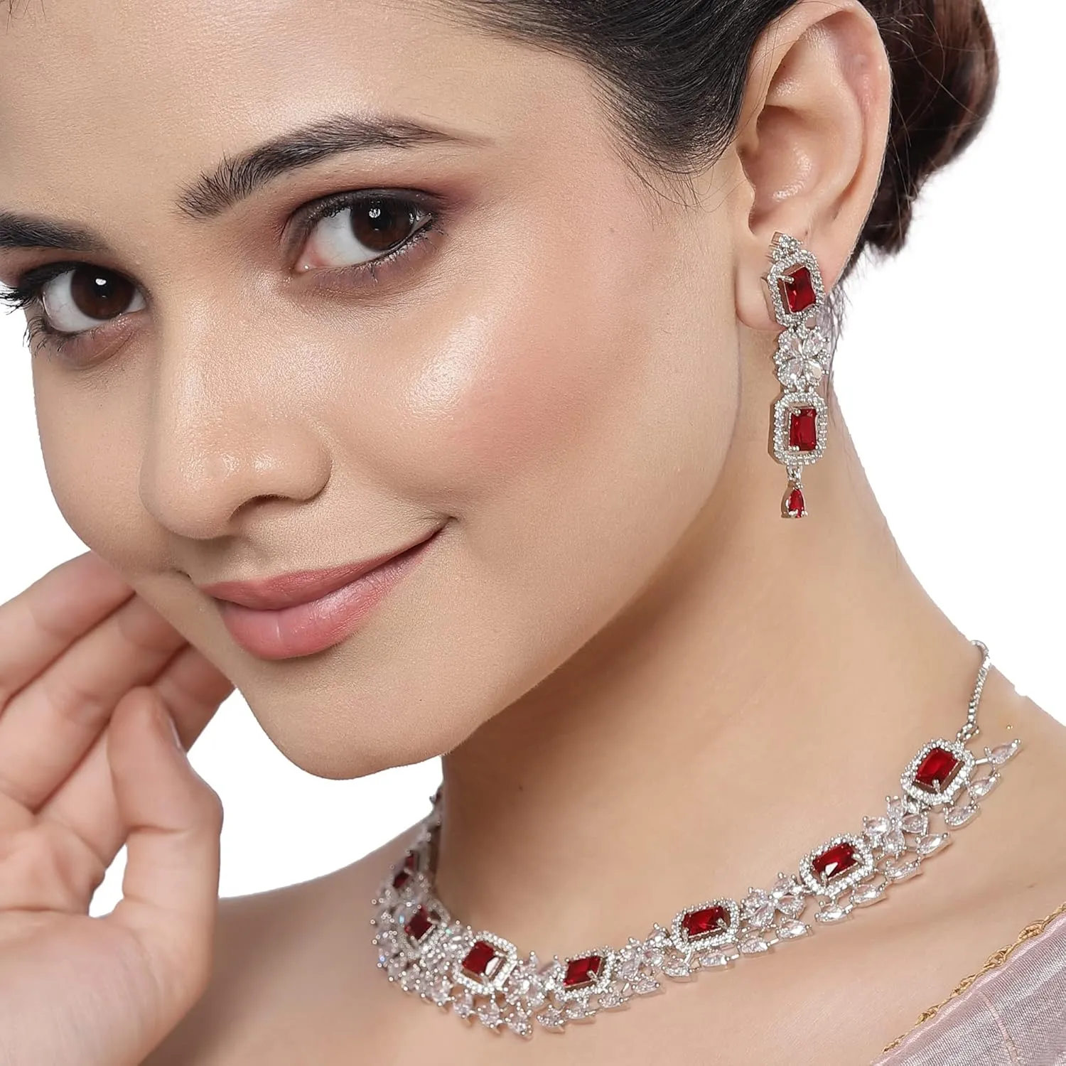 Women Rhodium-Plated with Silver-Toned Green and American Diamond Studded Necklace and Earrings Jewellery Set