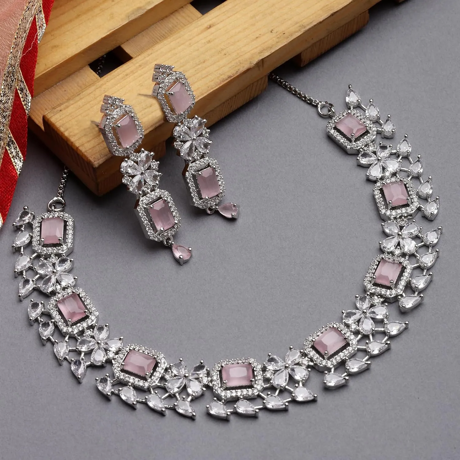 Women Rhodium-Plated with Silver-Toned Green and American Diamond Studded Necklace and Earrings Jewellery Set