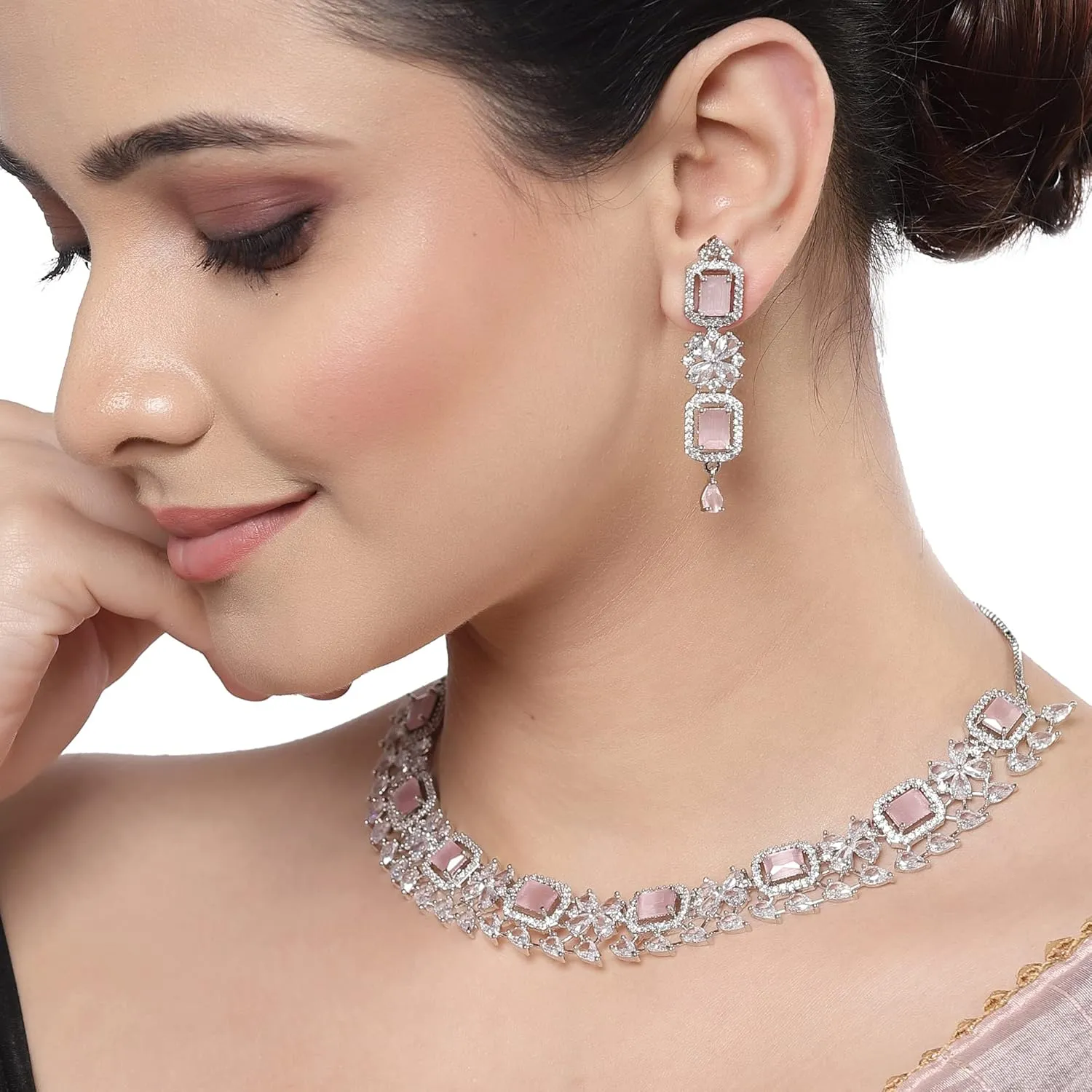 Women Rhodium-Plated with Silver-Toned Green and American Diamond Studded Necklace and Earrings Jewellery Set