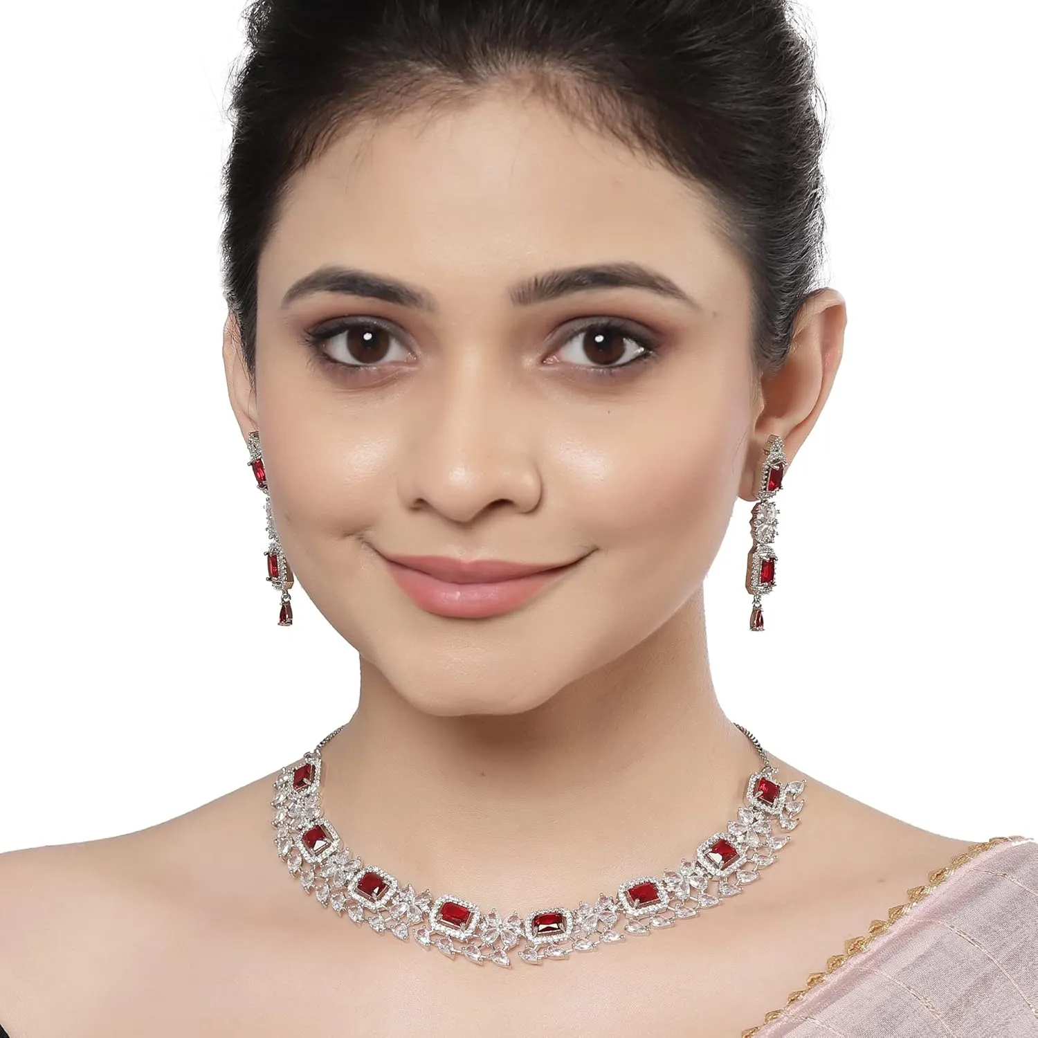 Women Rhodium-Plated with Silver-Toned Green and American Diamond Studded Necklace and Earrings Jewellery Set