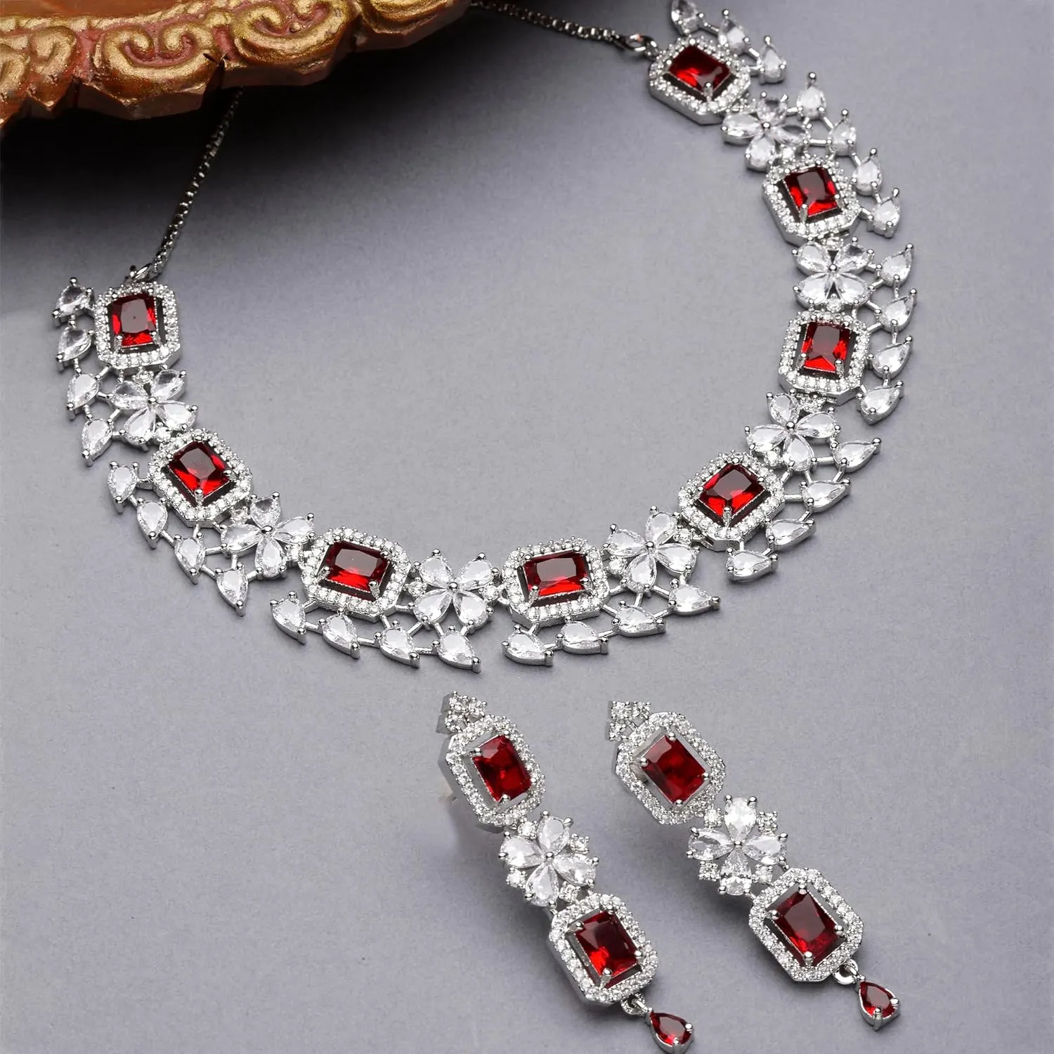 Women Rhodium-Plated with Silver-Toned Green and American Diamond Studded Necklace and Earrings Jewellery Set