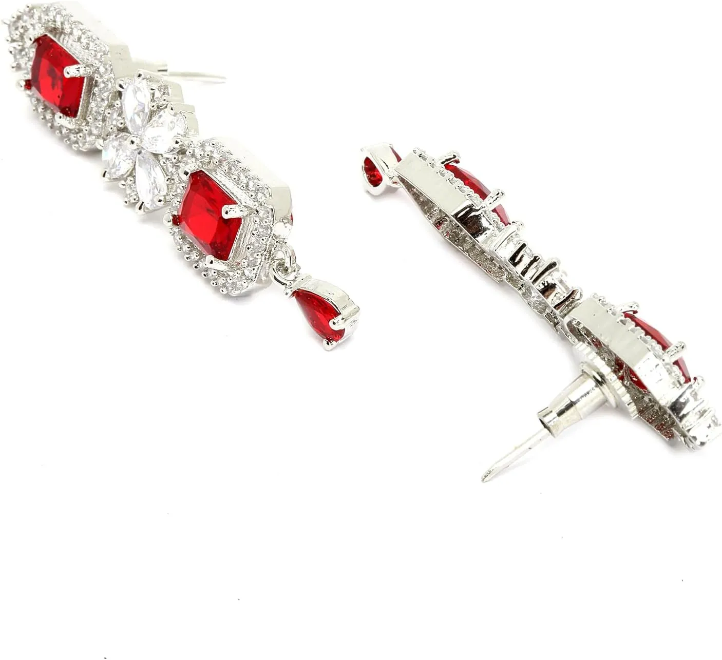Women Rhodium-Plated with Silver-Toned Green and American Diamond Studded Necklace and Earrings Jewellery Set