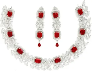 Women Rhodium-Plated with Silver-Toned Green and American Diamond Studded Necklace and Earrings Jewellery Set