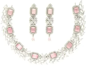 Women Rhodium-Plated with Silver-Toned Green and American Diamond Studded Necklace and Earrings Jewellery Set