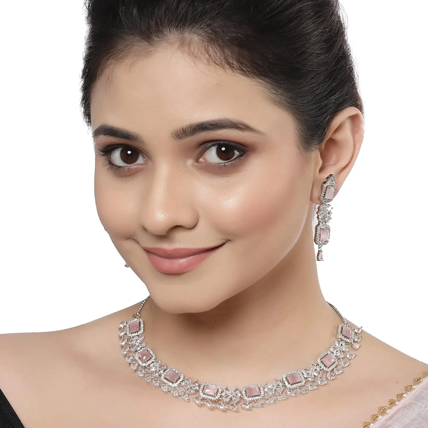 Women Rhodium-Plated with Silver-Toned Green and American Diamond Studded Necklace and Earrings Jewellery Set