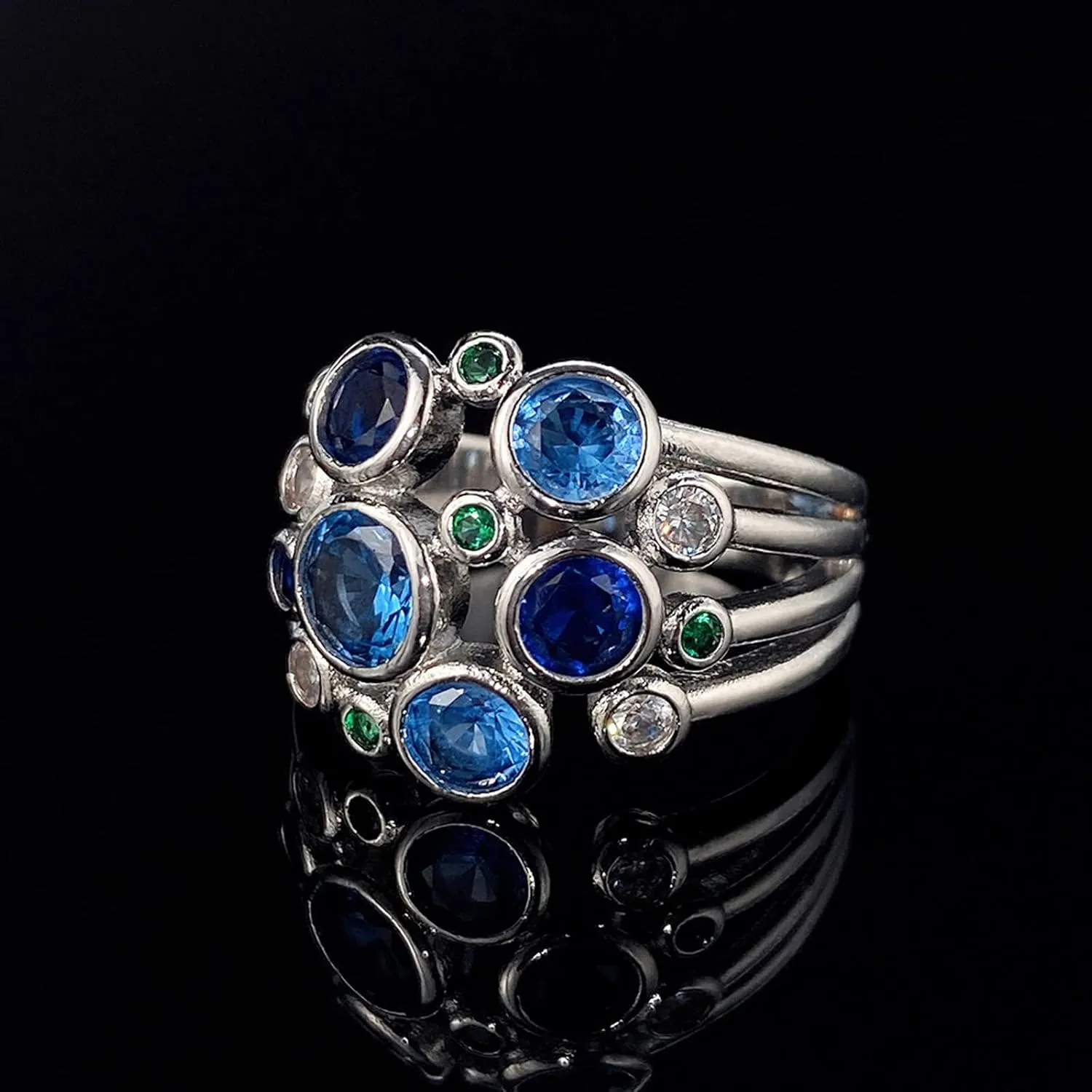 Women's Jewelry Statement Rings 925 Sterling Silver Plated Simulated Blue Topaz Flower Ring