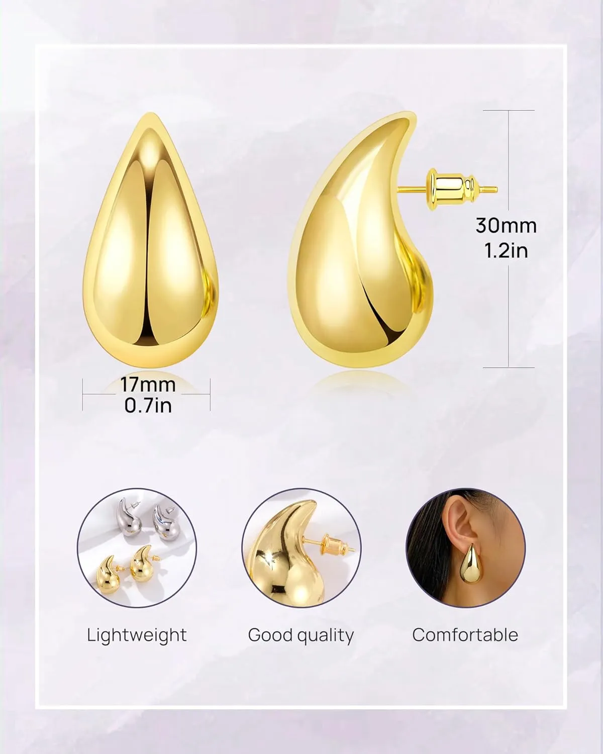 WOWSHOW Chunky Gold Hoop Earrings For Women Lightweight Waterdrop Hoops Earrings with 14K Gold Plated, Hypoallergenic Fashion Jewelry Earrings for Women