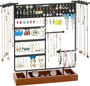 X-cosrack Earring Holder, Ear Stud Organizer with Wooden Tray,Earring Display Stand with 360 Rotating Necklace Holder,Jewelry Organizer Stand for Earrings Bracelets Watches and Rings,Black