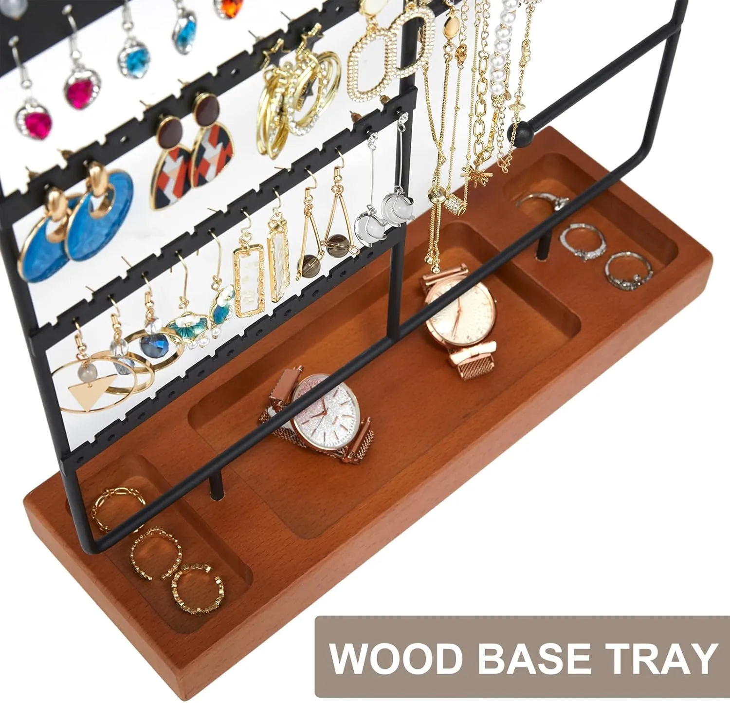 X-cosrack Earring Holder, Ear Stud Organizer with Wooden Tray,Earring Display Stand with 360 Rotating Necklace Holder,Jewelry Organizer Stand for Earrings Bracelets Watches and Rings,Black
