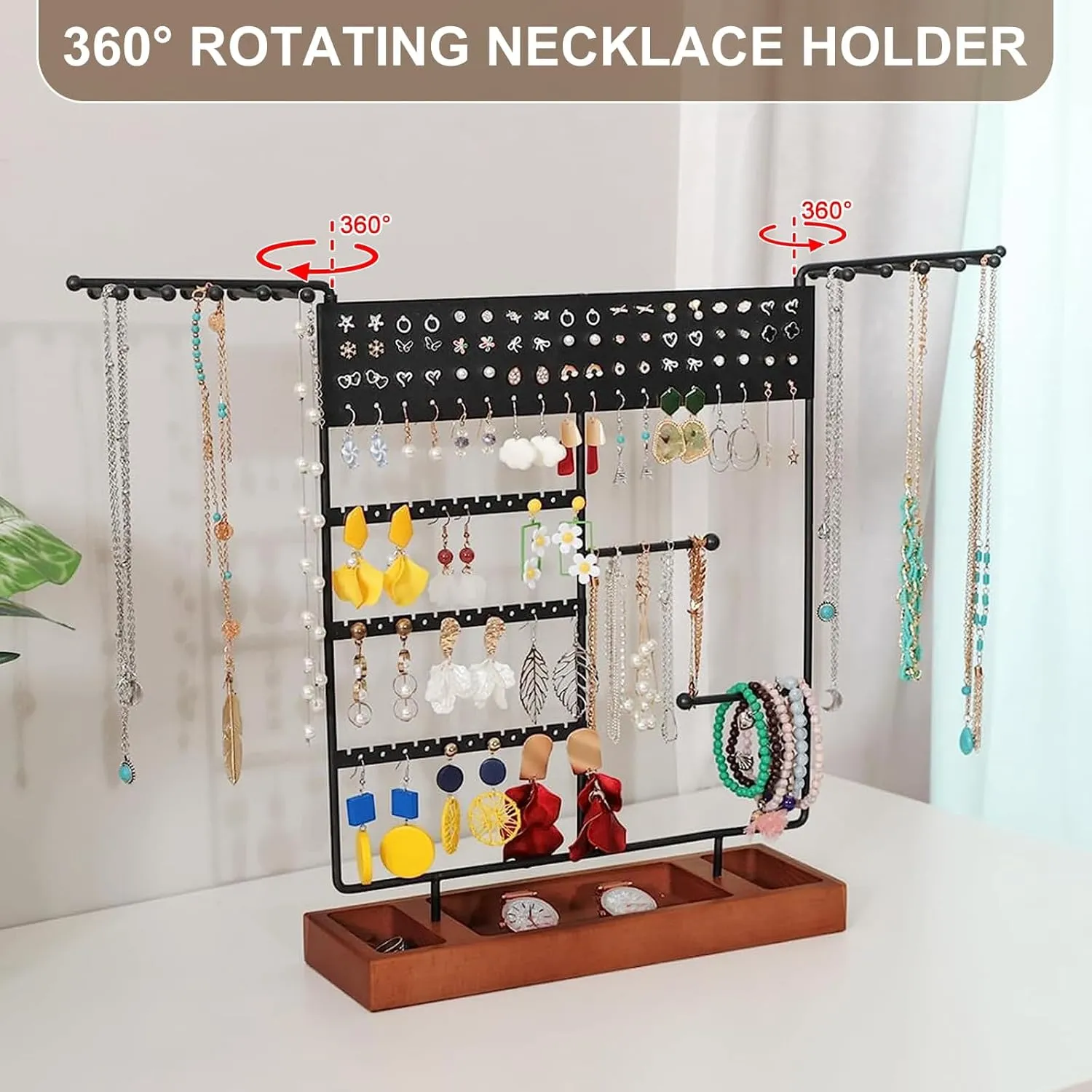 X-cosrack Earring Holder, Ear Stud Organizer with Wooden Tray,Earring Display Stand with 360 Rotating Necklace Holder,Jewelry Organizer Stand for Earrings Bracelets Watches and Rings,Black