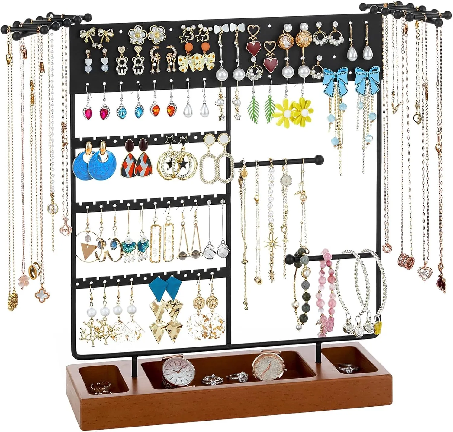 X-cosrack Earring Holder, Ear Stud Organizer with Wooden Tray,Earring Display Stand with 360 Rotating Necklace Holder,Jewelry Organizer Stand for Earrings Bracelets Watches and Rings,Black