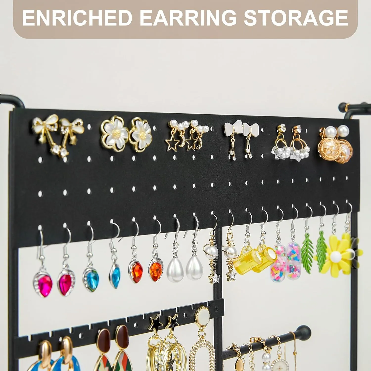 X-cosrack Earring Holder, Ear Stud Organizer with Wooden Tray,Earring Display Stand with 360 Rotating Necklace Holder,Jewelry Organizer Stand for Earrings Bracelets Watches and Rings,Black