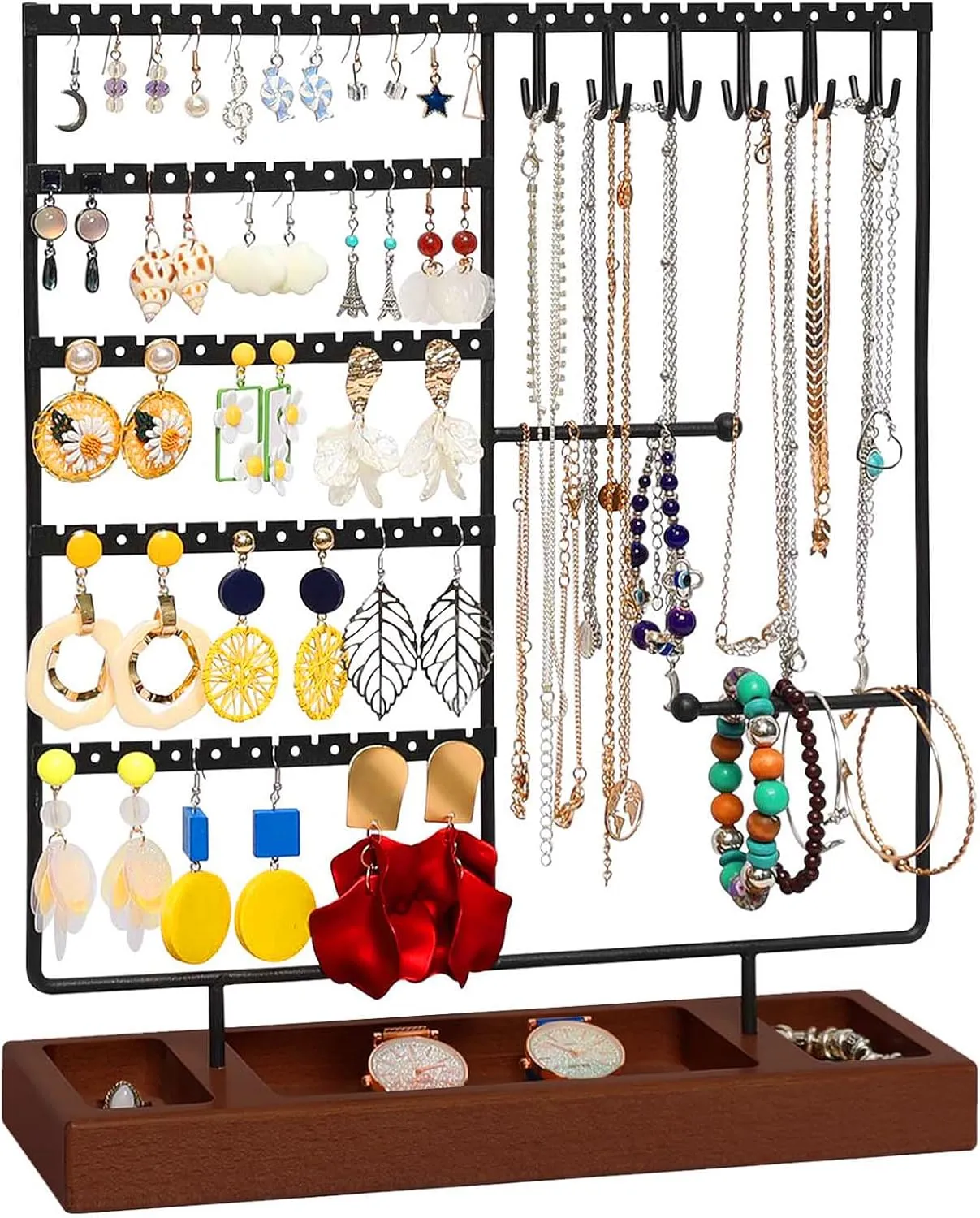 X-cosrack Jewelry Holder Organizer Stand, Jewelry Display with Earring Necklace Bracelet Holder, Earring Organizer and Storage with 132 Holes, Necklace Holder with 12 Hooks, Rustic Black Brown