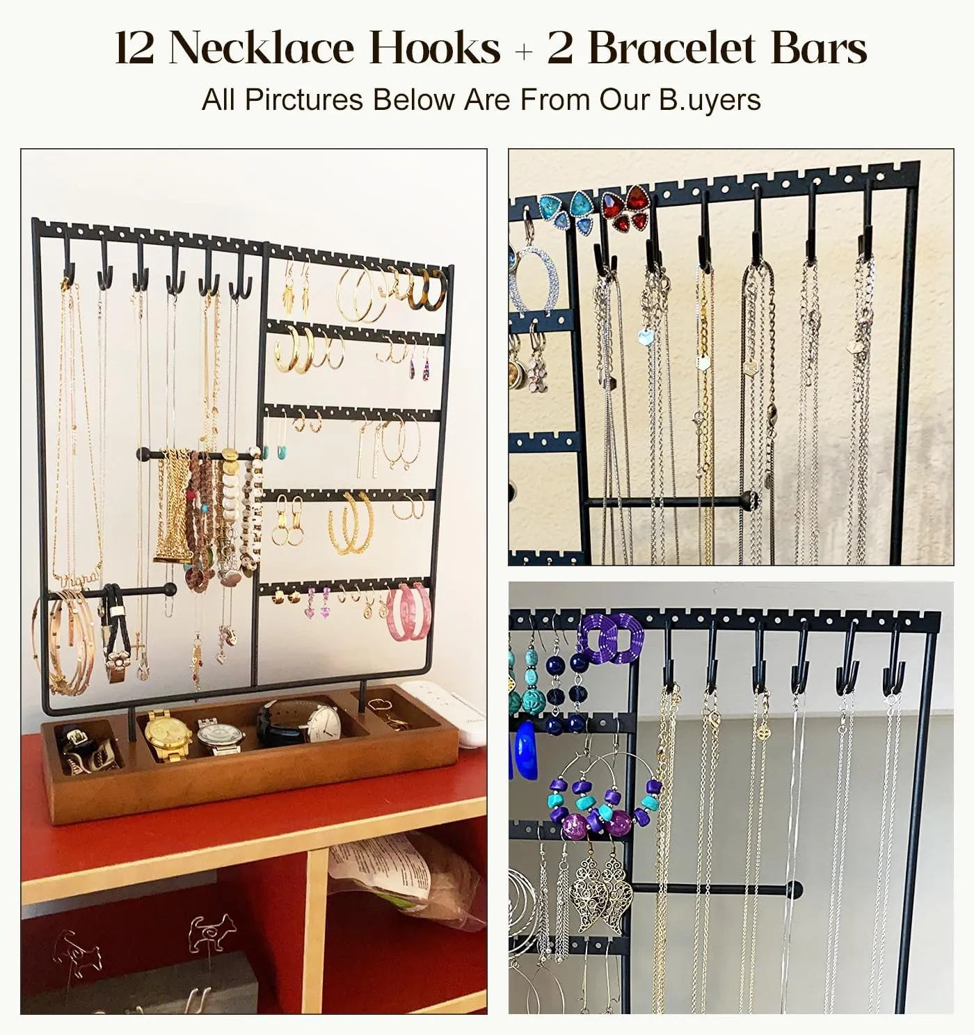 X-cosrack Jewelry Holder Organizer Stand, Jewelry Display with Earring Necklace Bracelet Holder, Earring Organizer and Storage with 132 Holes, Necklace Holder with 12 Hooks, Rustic Black Brown