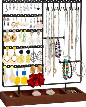 X-cosrack Jewelry Holder Organizer Stand, Jewelry Display with Earring Necklace Bracelet Holder, Earring Organizer and Storage with 132 Holes, Necklace Holder with 12 Hooks, Rustic Black Brown