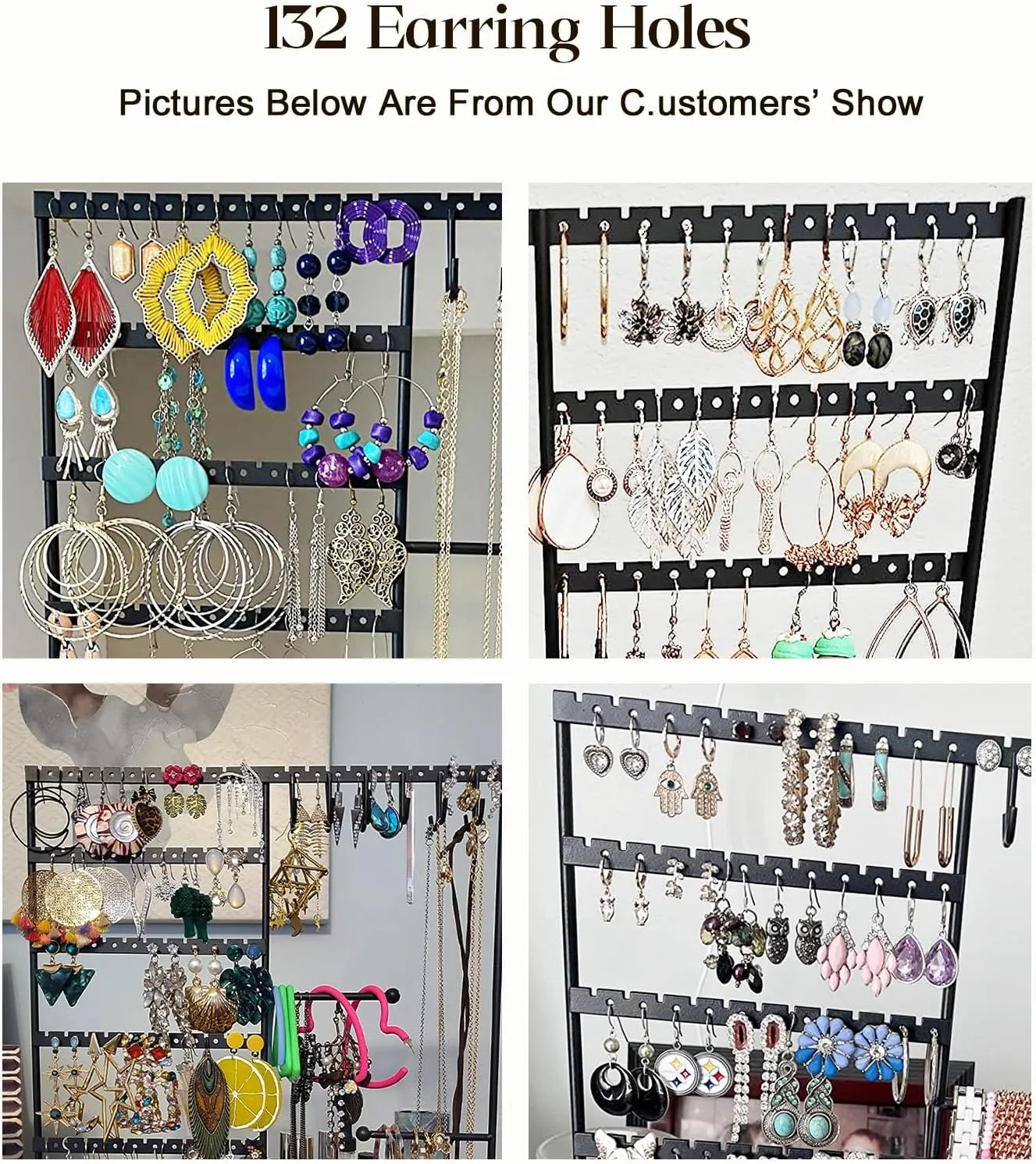 X-cosrack Jewelry Holder Organizer Stand, Jewelry Display with Earring Necklace Bracelet Holder, Earring Organizer and Storage with 132 Holes, Necklace Holder with 12 Hooks, Rustic Black Brown