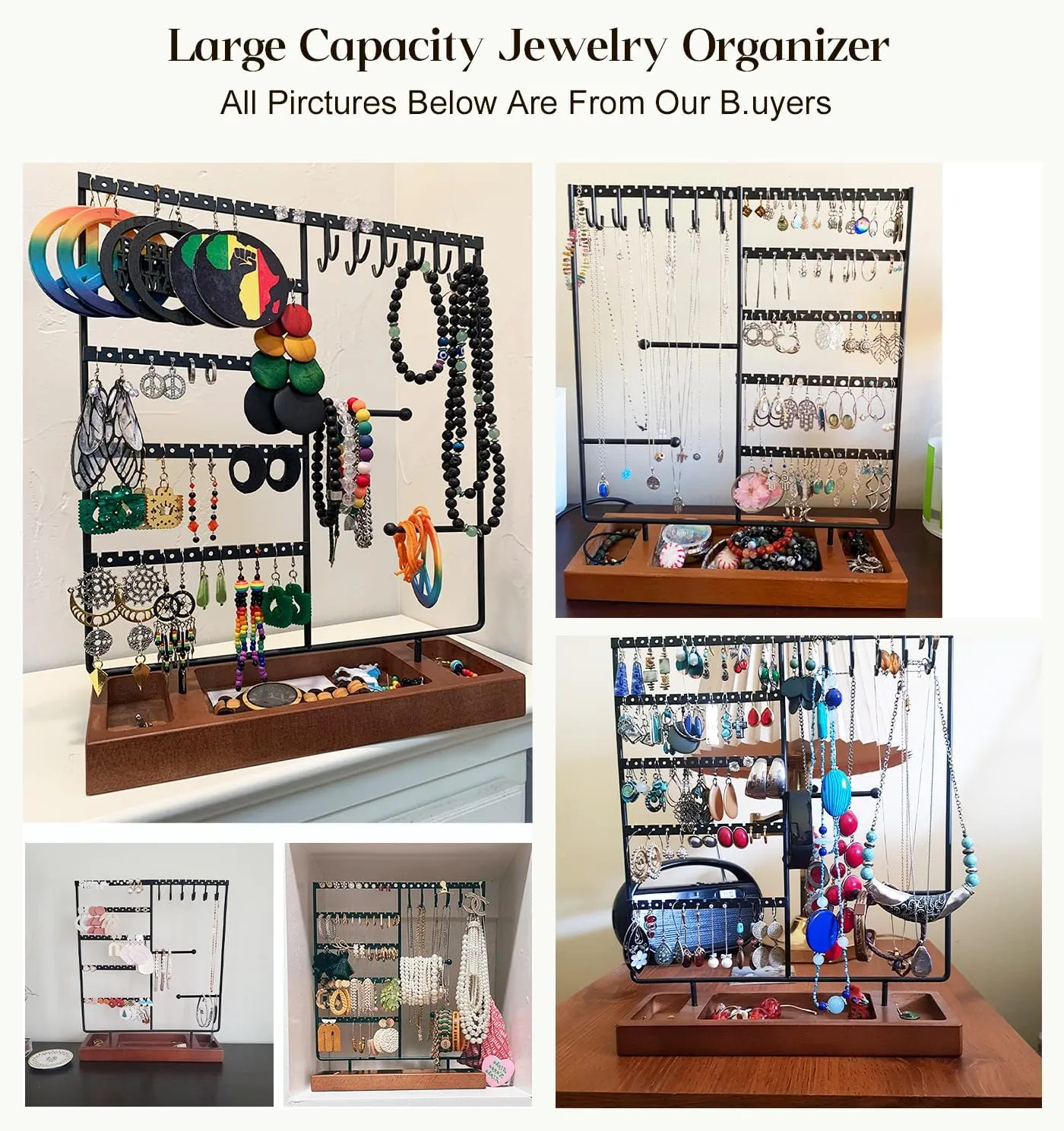 X-cosrack Jewelry Holder Organizer Stand, Jewelry Display with Earring Necklace Bracelet Holder, Earring Organizer and Storage with 132 Holes, Necklace Holder with 12 Hooks, Rustic Black Brown