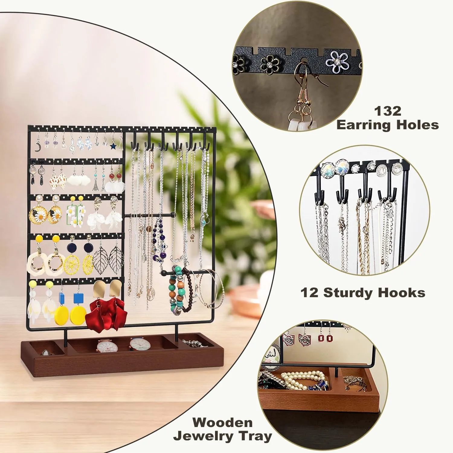 X-cosrack Jewelry Holder Organizer Stand, Jewelry Display with Earring Necklace Bracelet Holder, Earring Organizer and Storage with 132 Holes, Necklace Holder with 12 Hooks, Rustic Black Brown