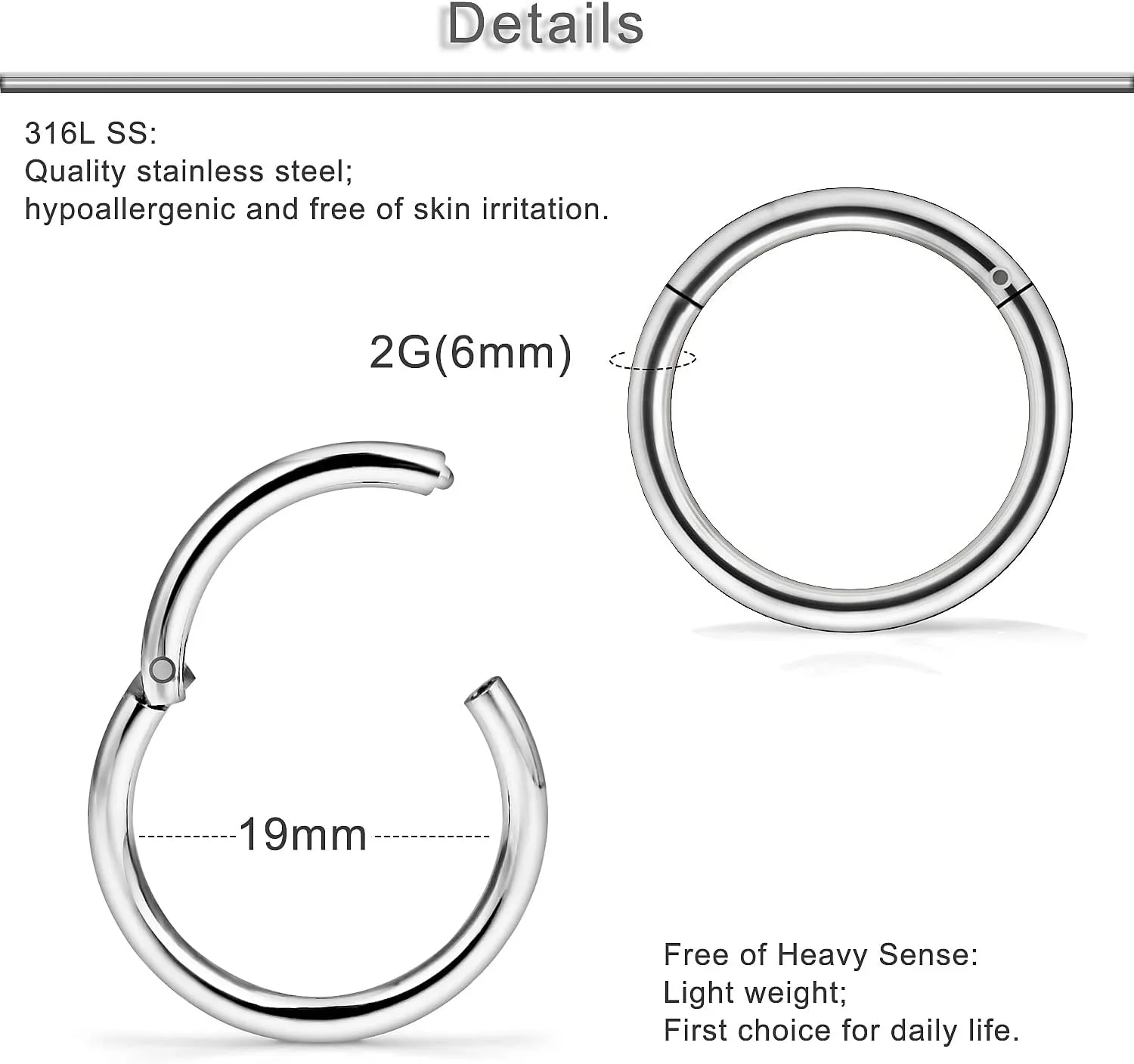Yaalozei 2G 4G 6G 8G 10G 12G Hinged Large Septum Rings Clicker Surgical Steel Ear Gauges Tunnels Plugs Hoop Earrings Expander Taper Stretching kit Big Septum Nose Ring Piercing Jewelry for Men Women