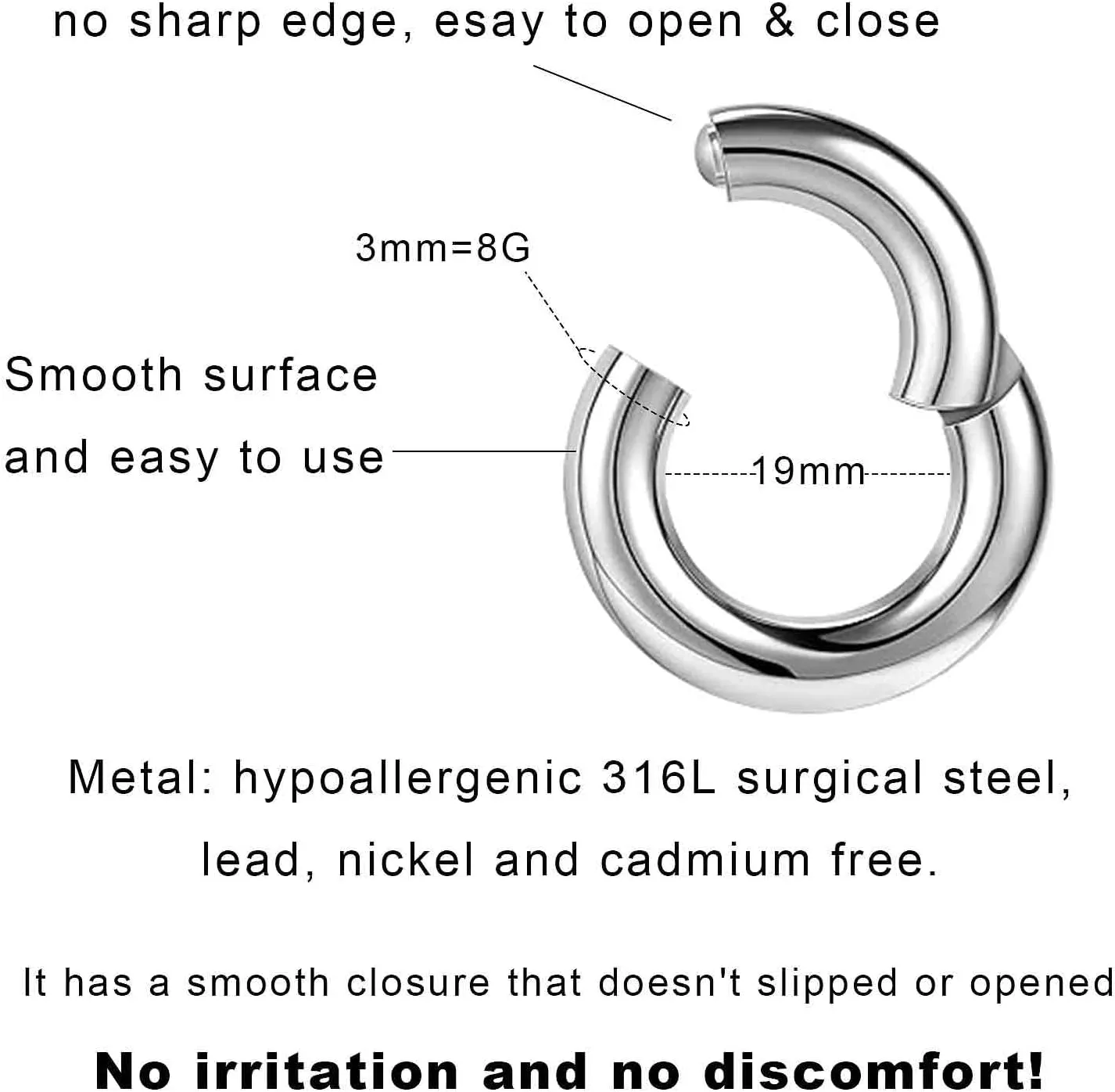 Yaalozei 2G 4G 6G 8G 10G 12G Hinged Large Septum Rings Clicker Surgical Steel Ear Gauges Tunnels Plugs Hoop Earrings Expander Taper Stretching kit Big Septum Nose Ring Piercing Jewelry for Men Women