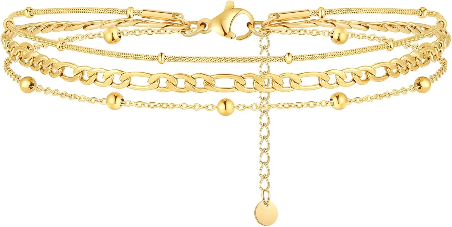 YADUDA Dainty Layered Gold Ankle Bracelets,18K Gold Plated Dainty Bead Figaro Link Chain Anklet Boho Foot Jewelry Summer Beach Anklets for Women