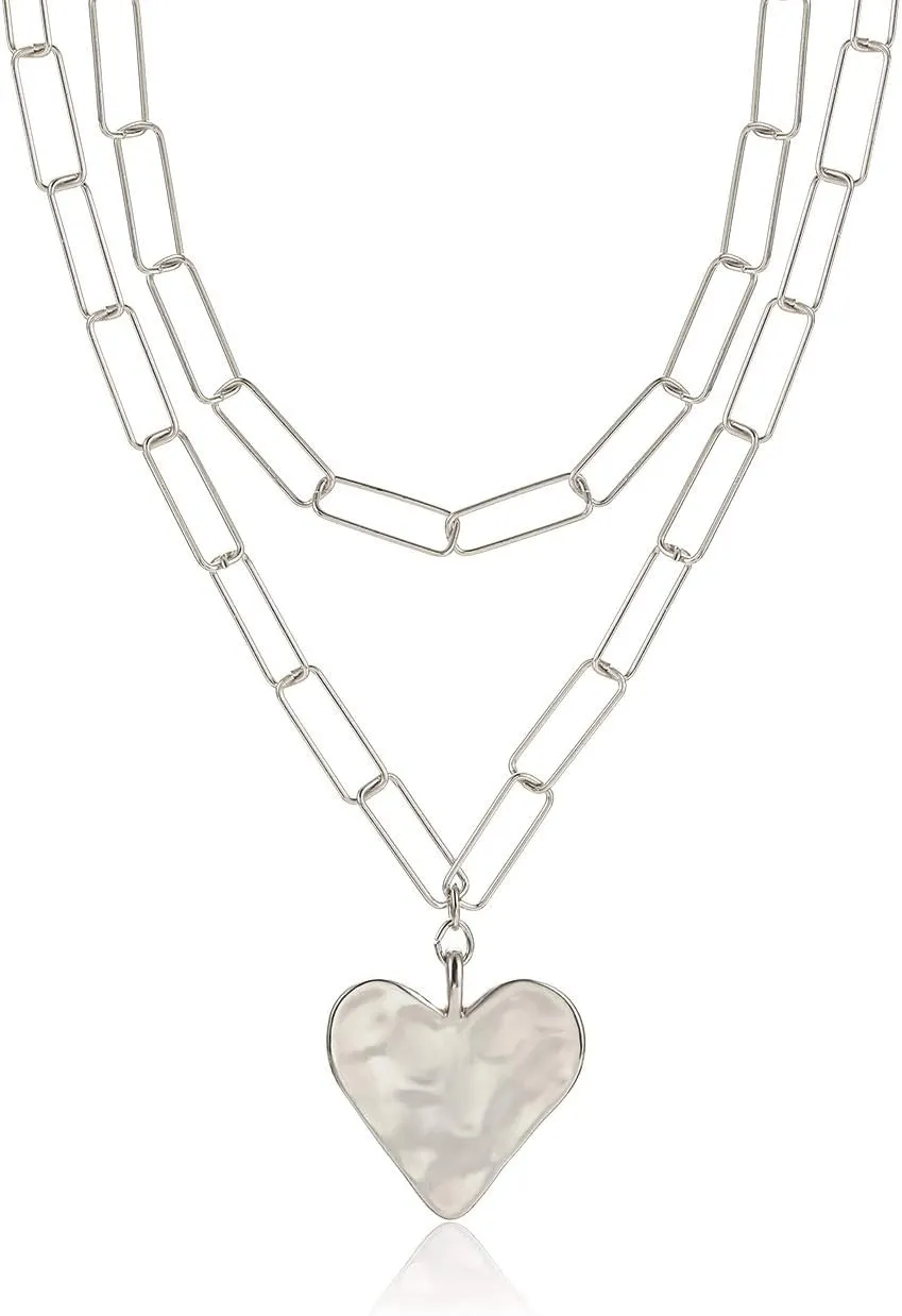 YAHPERN Layered Rectangle Paper Clip Chain Link Choker Statement Hammered Heart Pendant Necklace Minimalist Chunky Thick Chain Jewelry For Woman