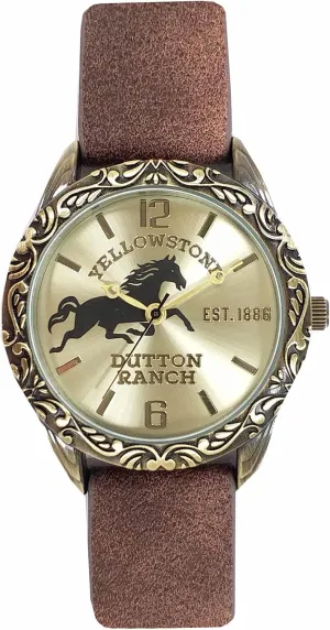 Yellowstone Analog Watch for Men  Antique Gold Alloy Case with Western Engraving  Distressed PU Leather Strap  Sunray Dial with Ranch Horse Artwork  Quartz Movement  Fits Wrists 5.5" to 8"