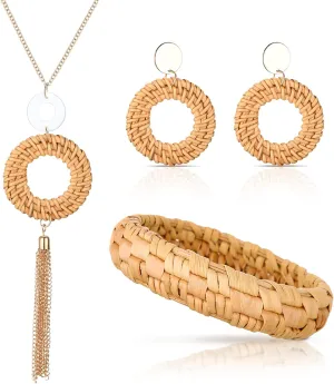 Yinkin 3 Pcs Rattan Necklace Earrings Bracelet Set Includes Dangle Earring Handmade Wicker Braid Bangle Bracelet Statement Rattan Bangle Long Tassel Pendant Necklace Lightweight Boho Jewelry for Women