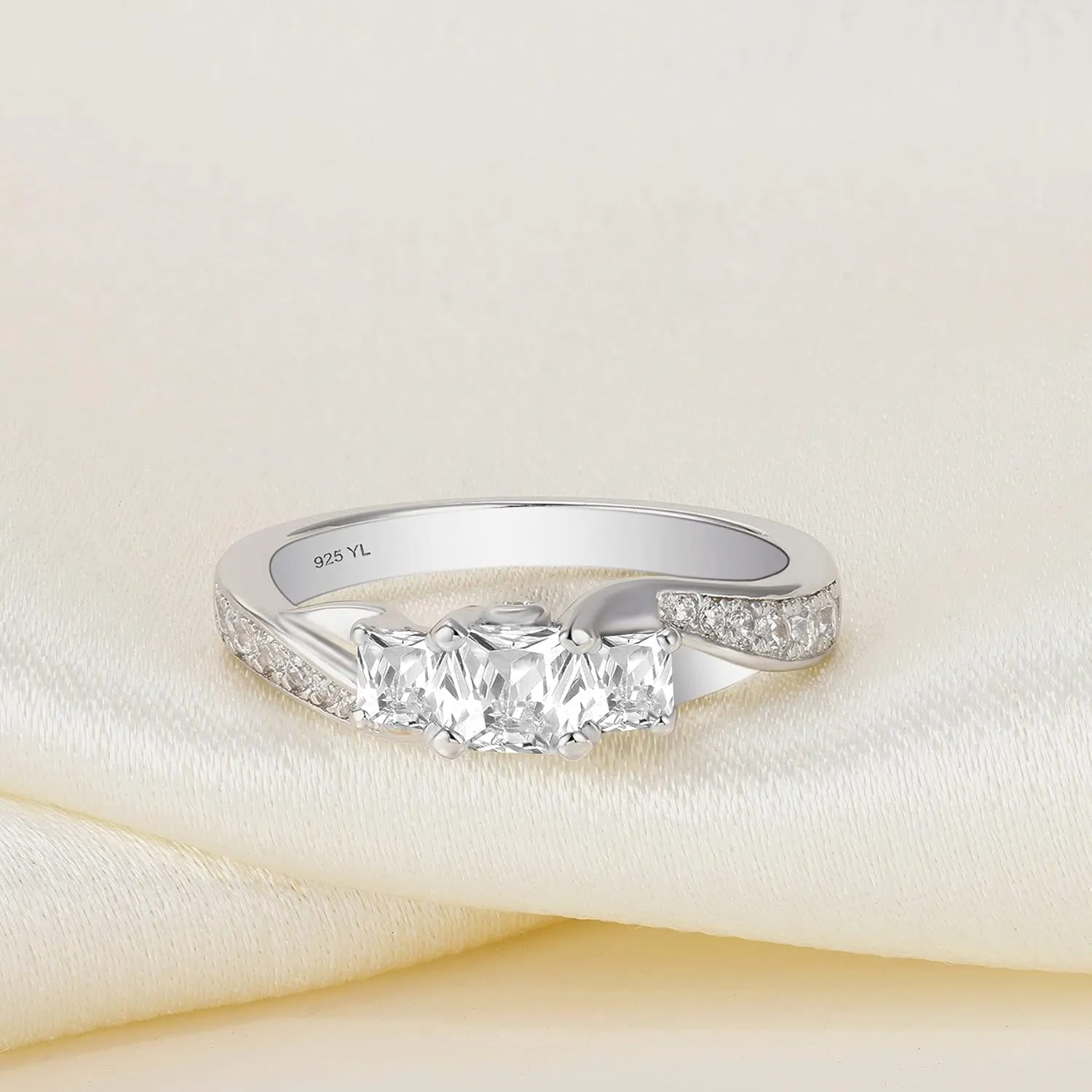 YL Women's Sterling Silver Clear Birthstones 3-stone Princess Cut Wedding Rings for Engagement Jewelry
