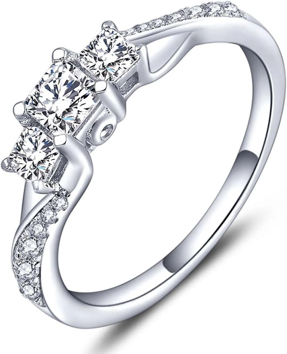 YL Women's Sterling Silver Clear Birthstones 3-stone Princess Cut Wedding Rings for Engagement Jewelry