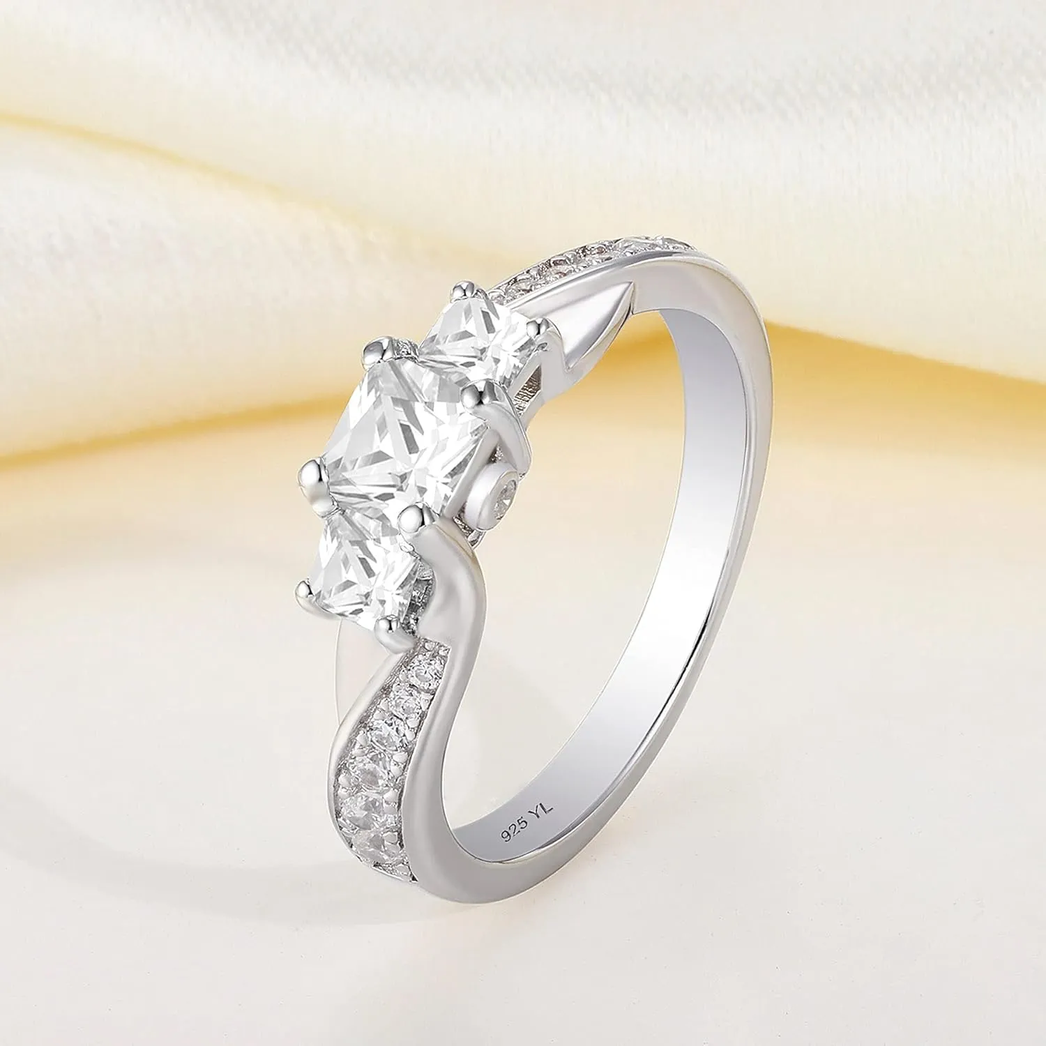 YL Women's Sterling Silver Clear Birthstones 3-stone Princess Cut Wedding Rings for Engagement Jewelry