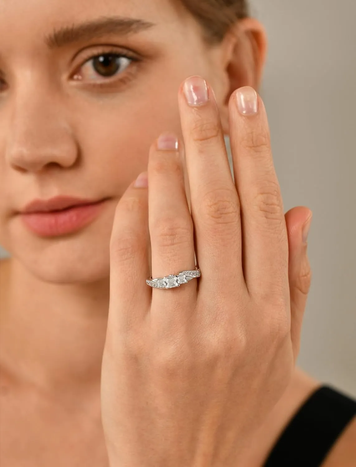 YL Women's Sterling Silver Clear Birthstones 3-stone Princess Cut Wedding Rings for Engagement Jewelry