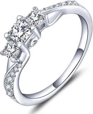 YL Women's Sterling Silver Clear Birthstones 3-stone Princess Cut Wedding Rings for Engagement Jewelry