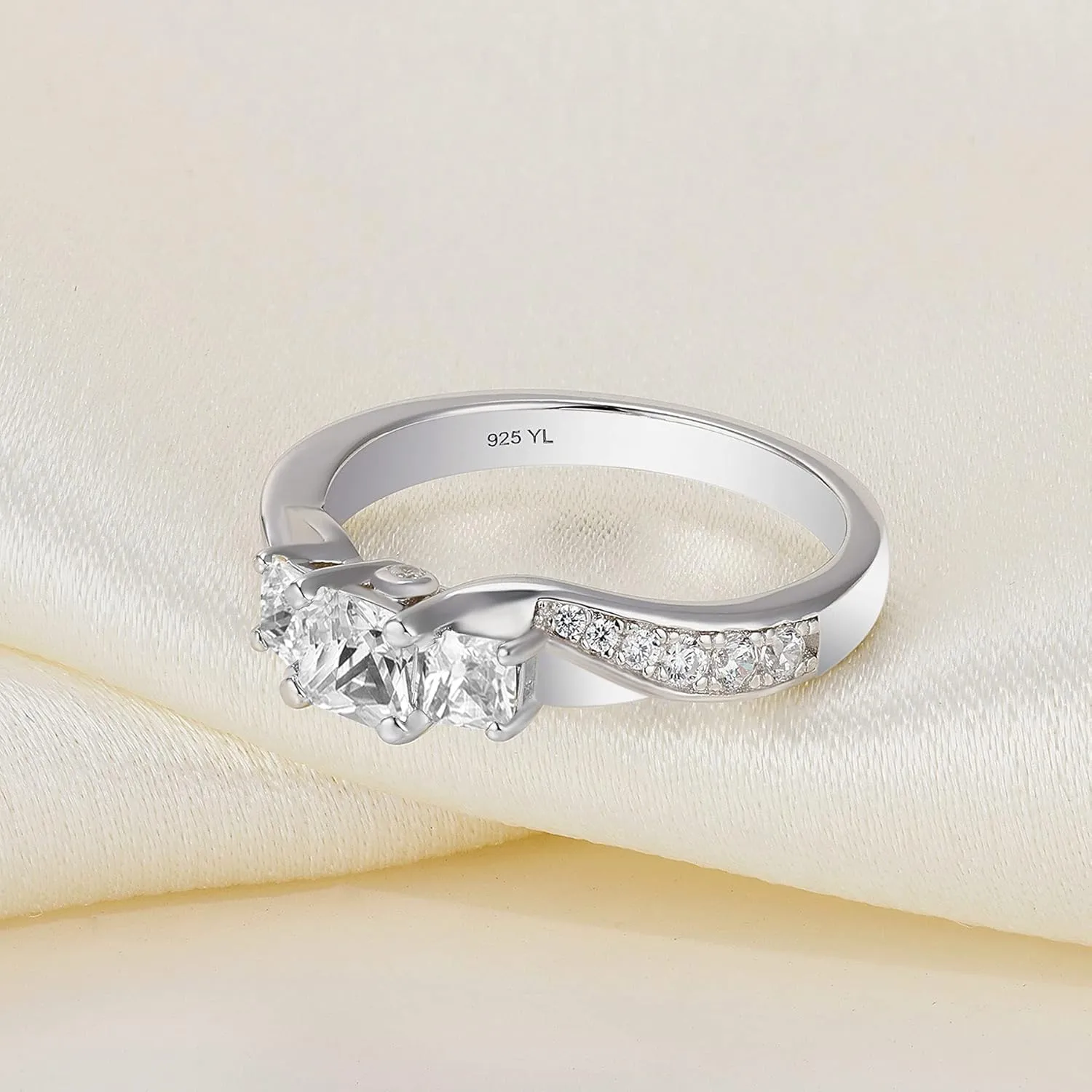 YL Women's Sterling Silver Clear Birthstones 3-stone Princess Cut Wedding Rings for Engagement Jewelry