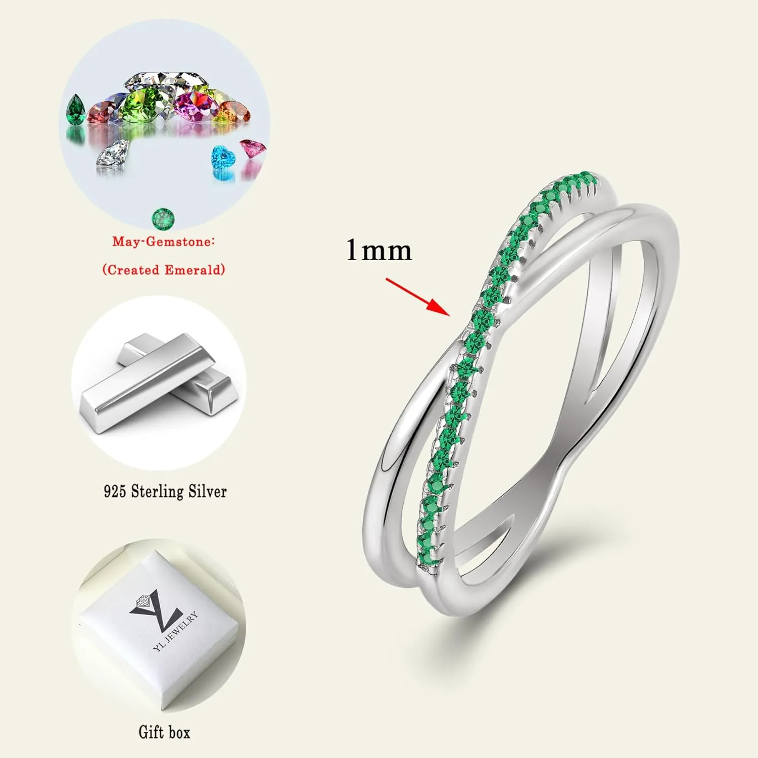 YL X Ring 925 Sterling Silver Stackable Rings 1mm Birthstone Criss Cross Ring for Women