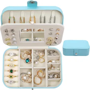 Yochus Blue Travel Jewelry Box with Mirror, PU Leather Small Jewelry Organizer for Women Girls, Portable Mini Travel Case Display Storage Holder Boxes for Stud Earrings, Rings, Necklaces, Bracelets